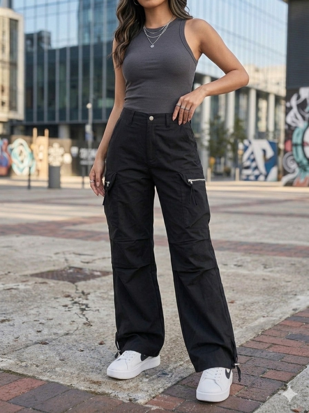 Women’s Black Wide Leg Cargo Pants Utility Streetwear Adjustable Hem XS/S